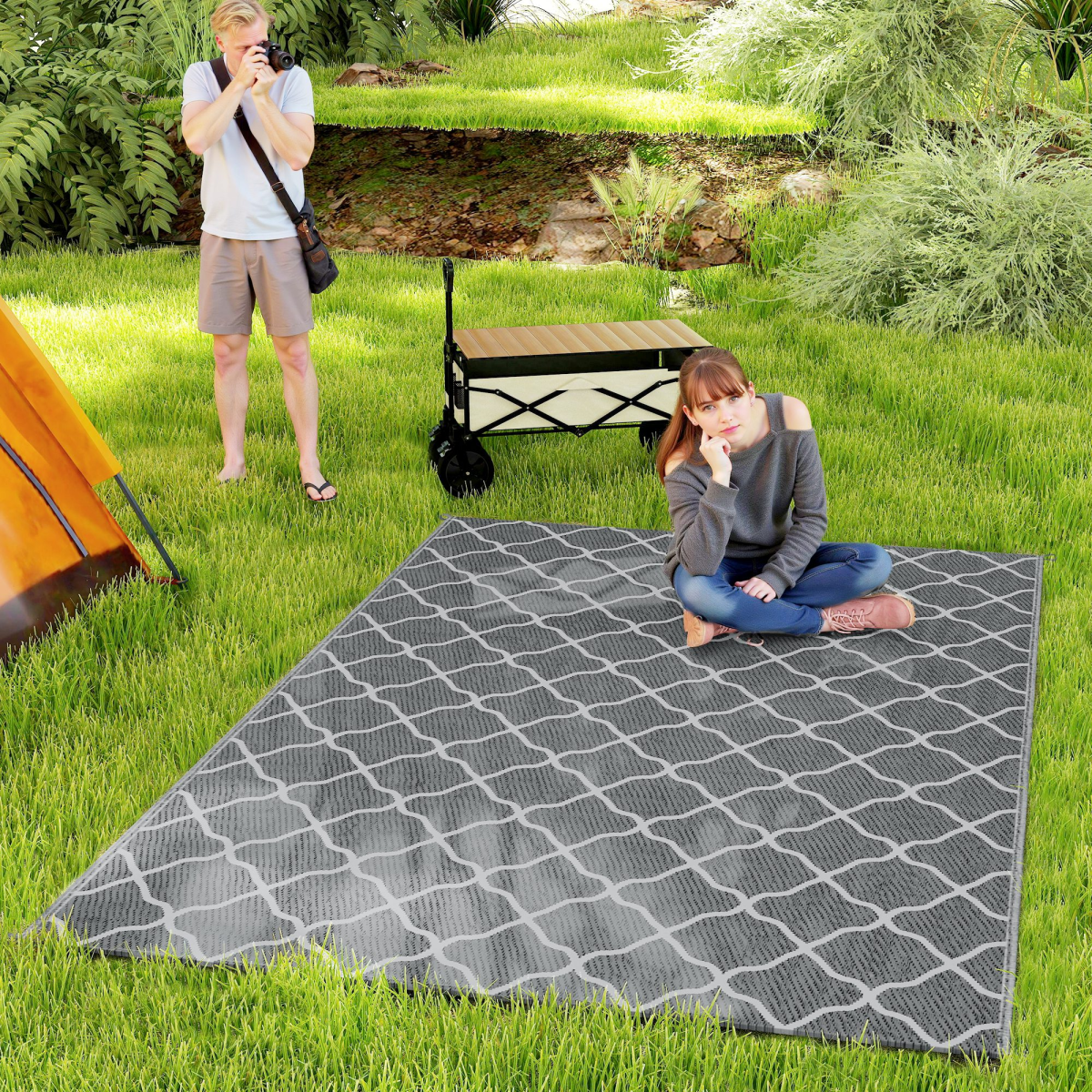 Reversible Outdoor Camping Rug with Carry Bag, Waterproof Mat for RV, Beach & Garden, 182 x 274cm – Grey