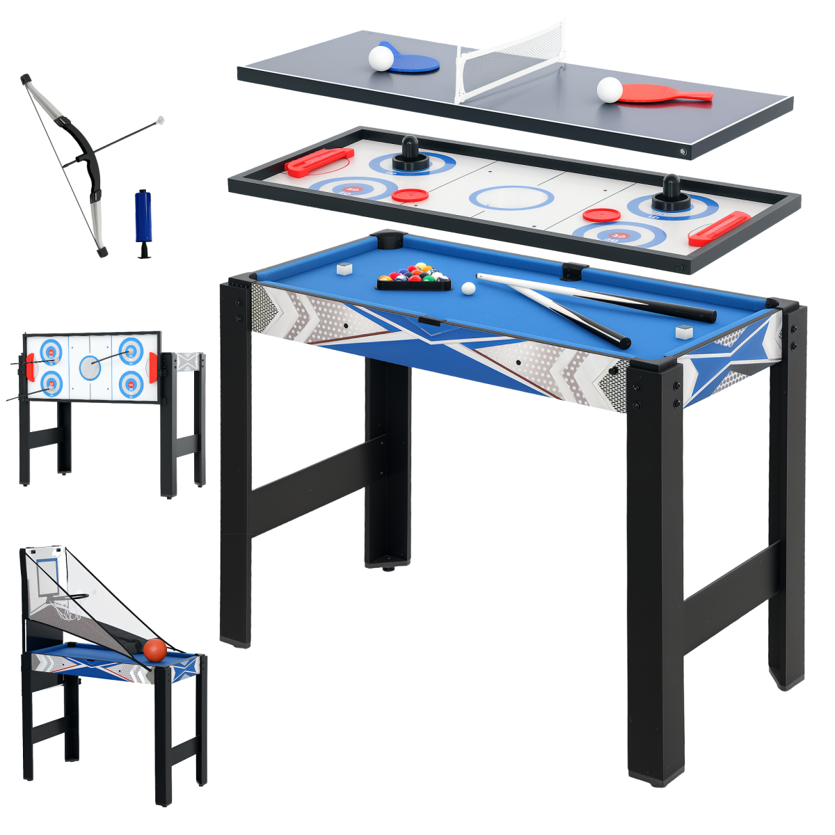 SPORTNOW 5-in-1 Multi Games Table Combo – Pool, Table Tennis, Archery, Hockey & Basketball – Blu