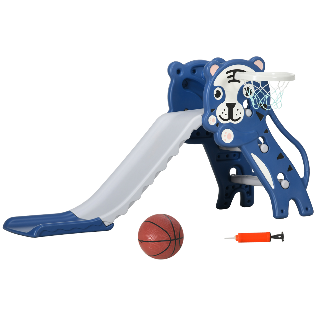 AIYAPLAY Kids Slide with Basketball Hoop & Ball – Blue Tiger Theme for Ages 18–36 Months