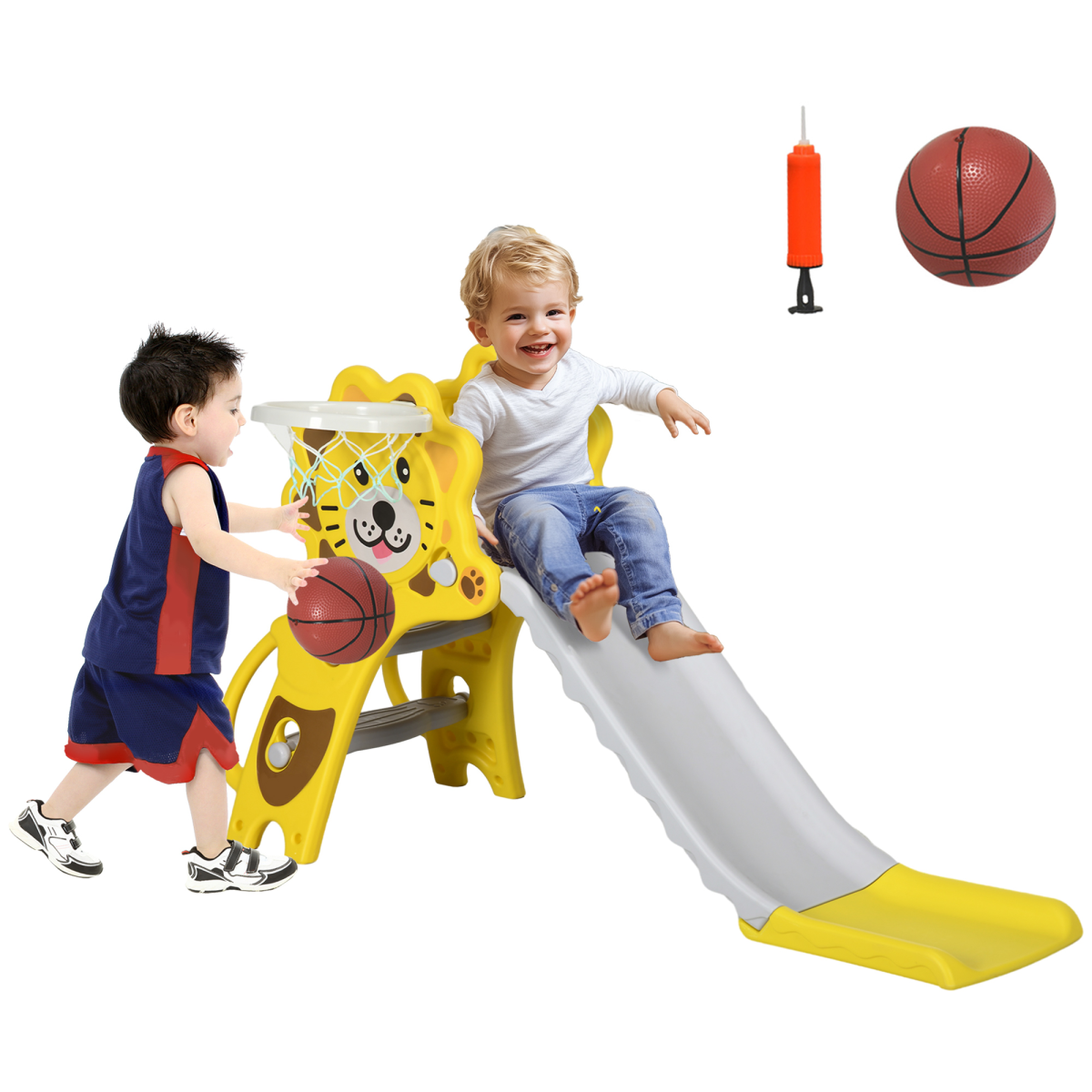 AIYAPLAY 2-in-1 Toddler Slide with Basketball Hoop – Indoor Playground for 18–36 Months