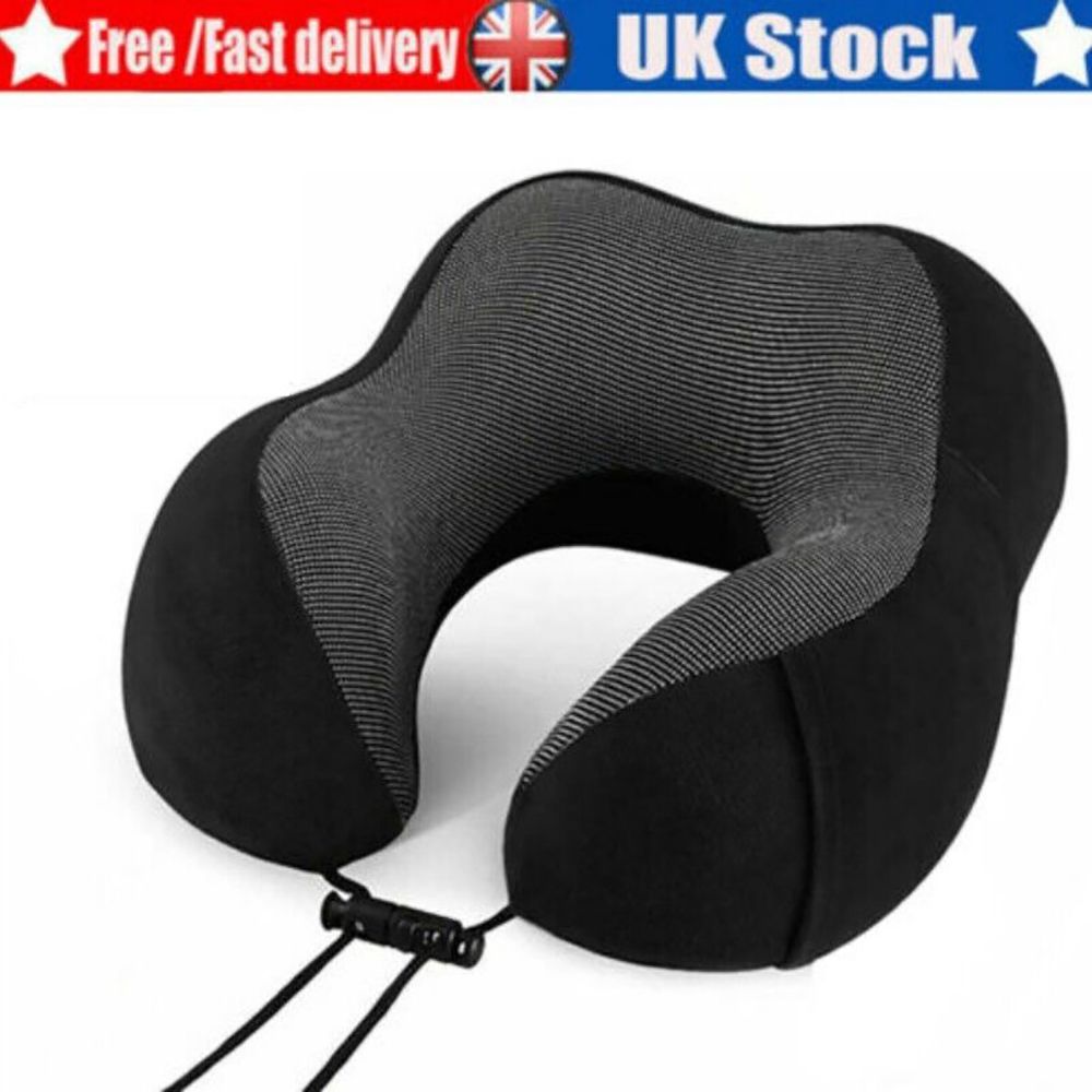 Memory Foam Travel Pillow – Neck Support Cushion with Adjustable Drawstring (Black/Grey)