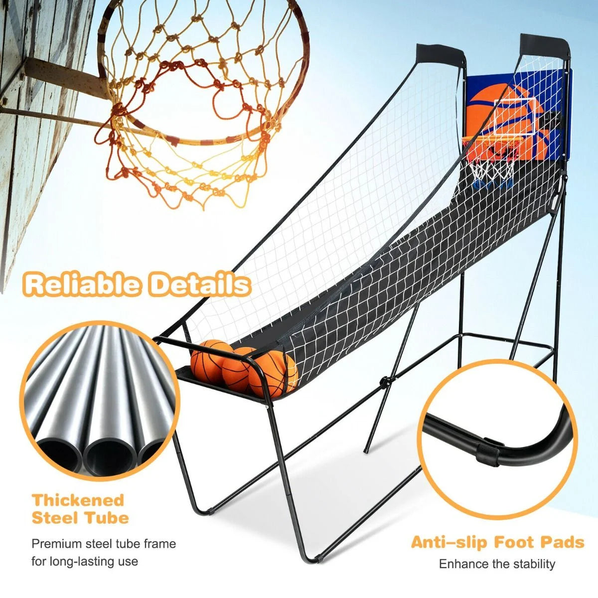 Folding Basketball Arcade Game Featuring Electronic Scoring System and Sound Effects