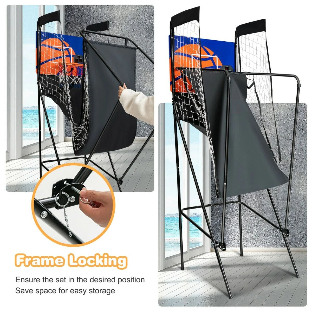 Folding Basketball Arcade Game Featuring Electronic Scoring System and Sound Effects