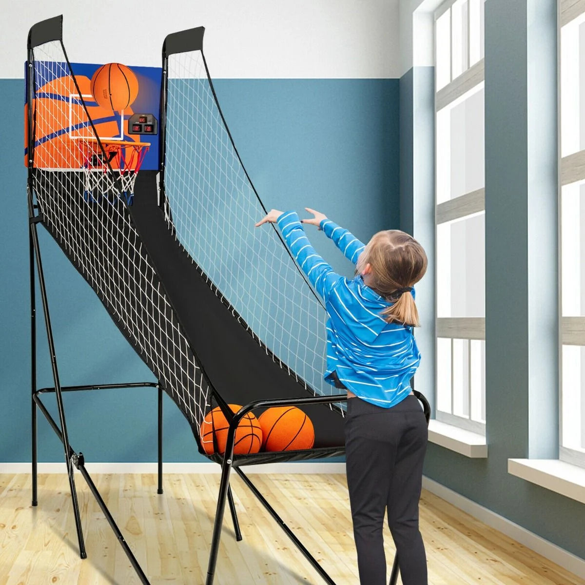 Folding Basketball Arcade Game Featuring Electronic Scoring System and Sound Effects