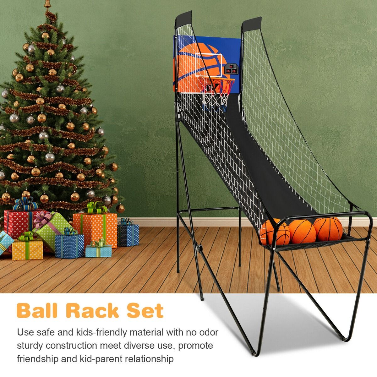 Folding Basketball Arcade Game Featuring Electronic Scoring System and Sound Effects