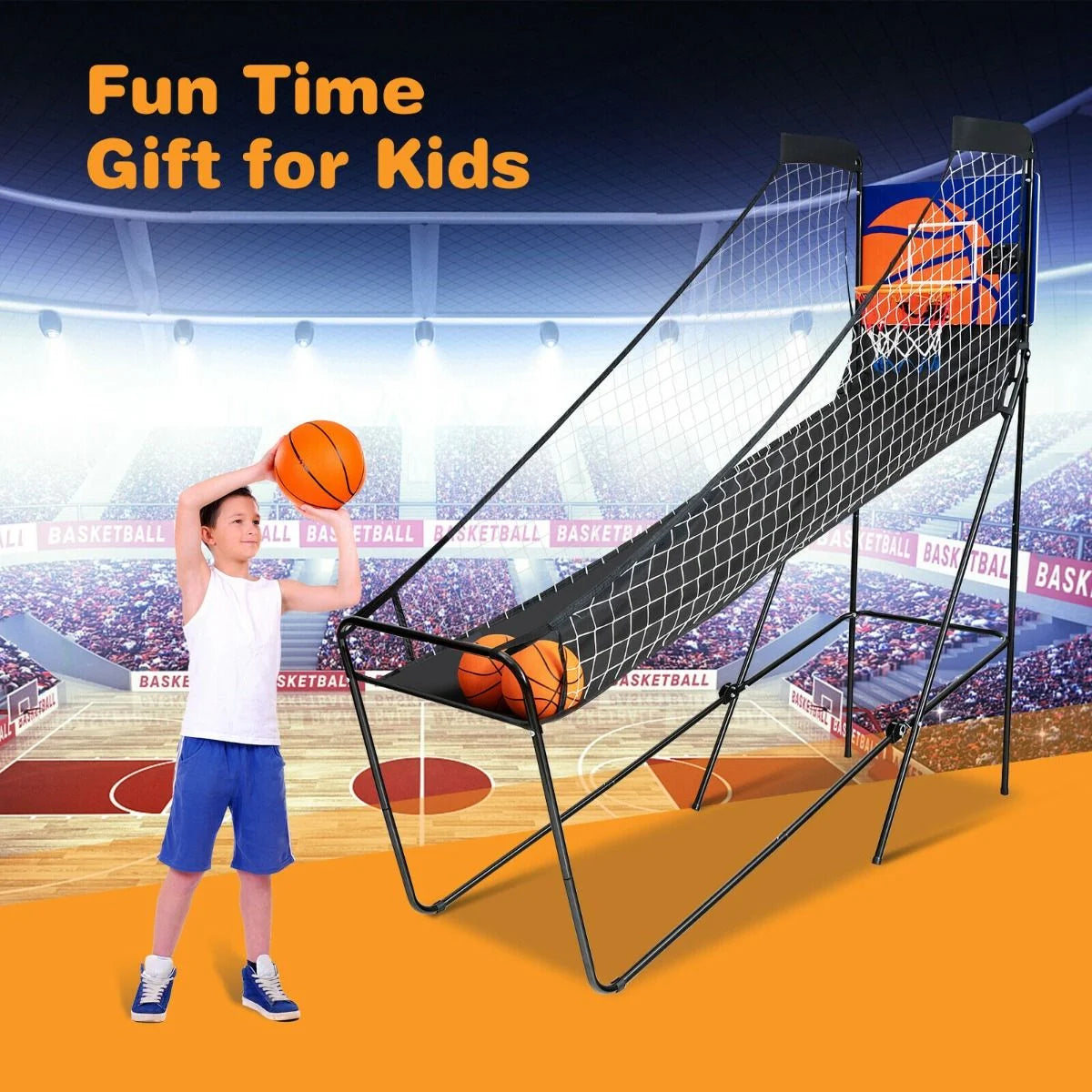Folding Basketball Arcade Game Featuring Electronic Scoring System and Sound Effects